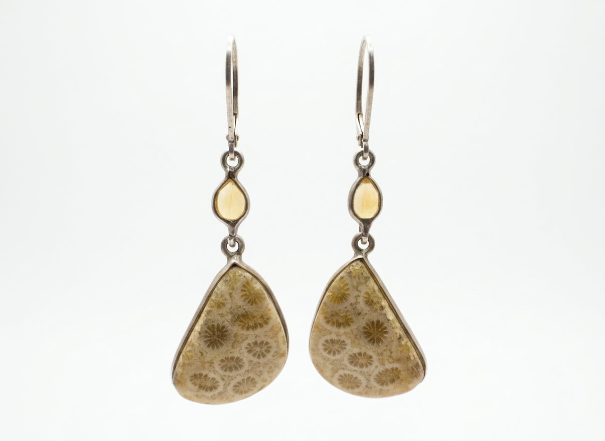 .925 Fossilized Coral Earrings · Jewelry · leaver back · Yellow, Beige
