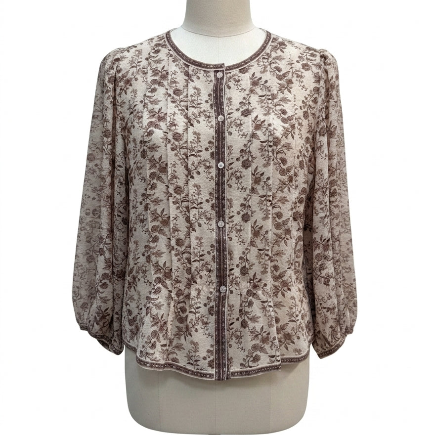 Max Studio · Balloon Sleeve CreamFloral Pleated Blouse · Small · CreamFloral