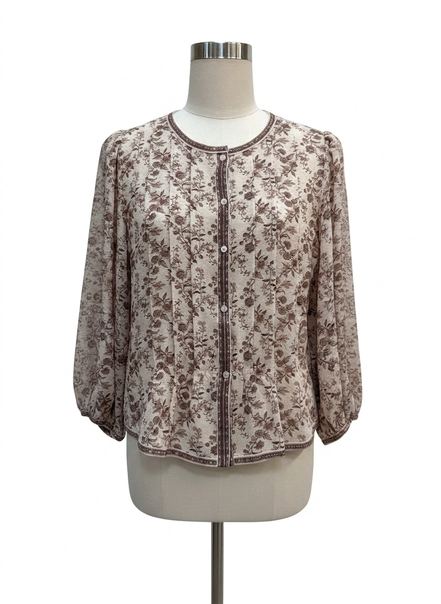 Max Studio · Balloon Sleeve CreamFloral Pleated Blouse · Small · CreamFloral