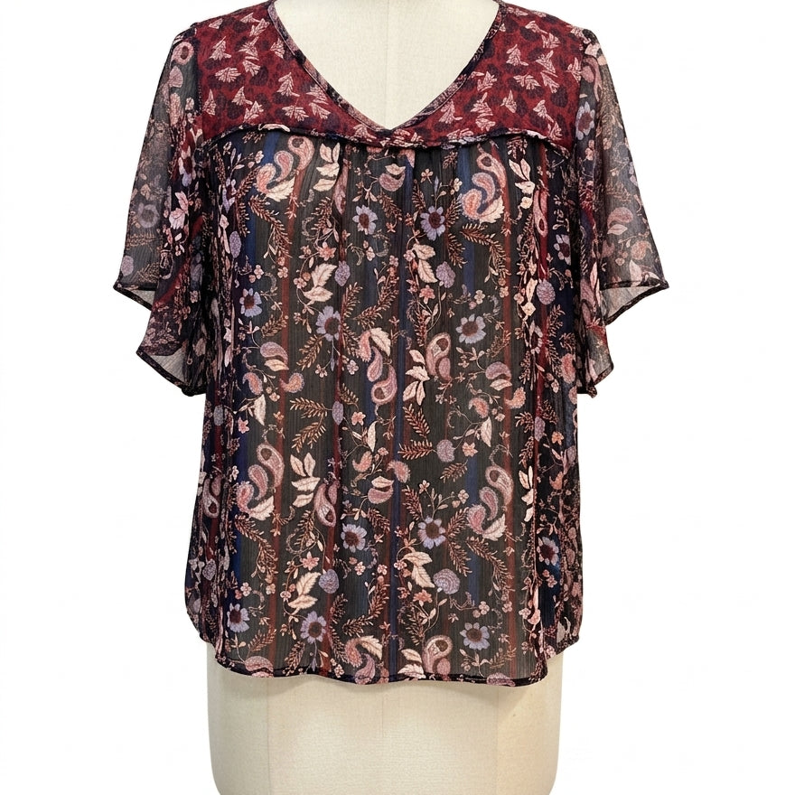 Knox Rose · Boho Top · 1X · BlackBurgundy Paisley