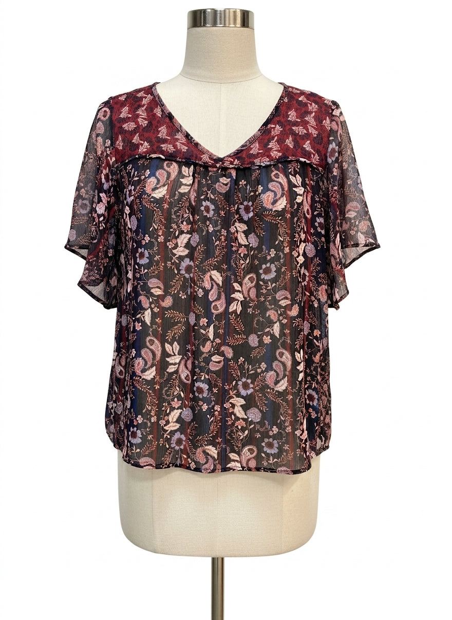 Knox Rose · Boho Top · 1X · BlackBurgundy Paisley