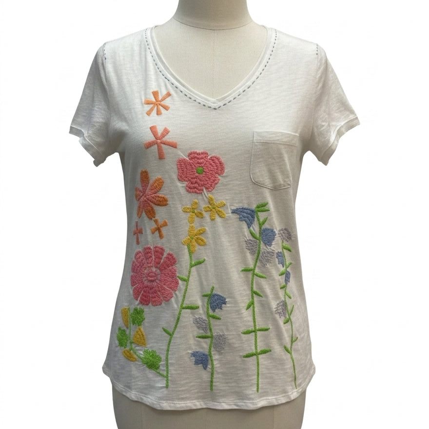 Anthropologie · Peony Embroidered Floral T-Shirt · Large · WhitePink