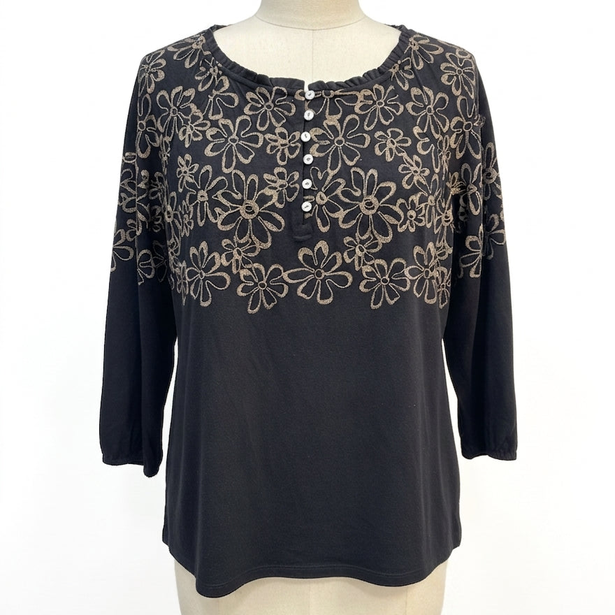 J. Jill · BlackTan Embroidered Floral Print Top · Small · Black