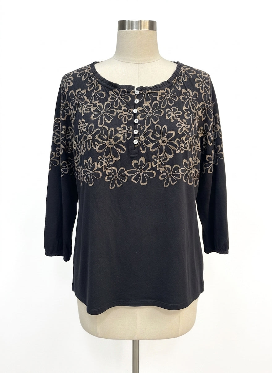 J. Jill · BlackTan Embroidered Floral Print Top · Small · Black