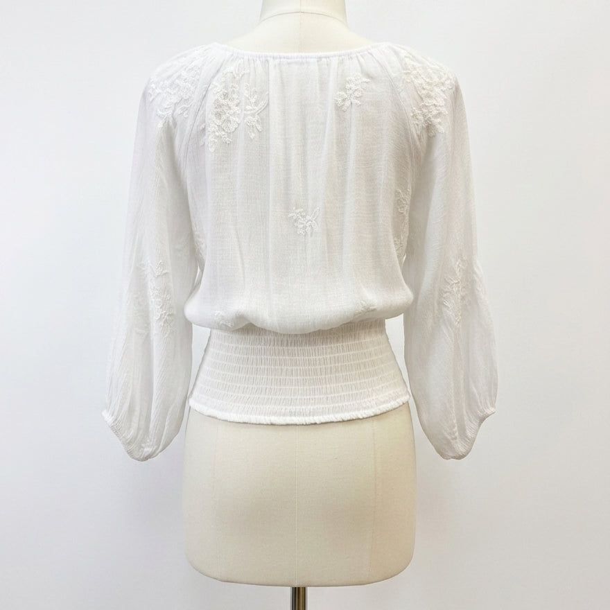 Parallel Skies · White Embroidered Smocked Top · Large · White