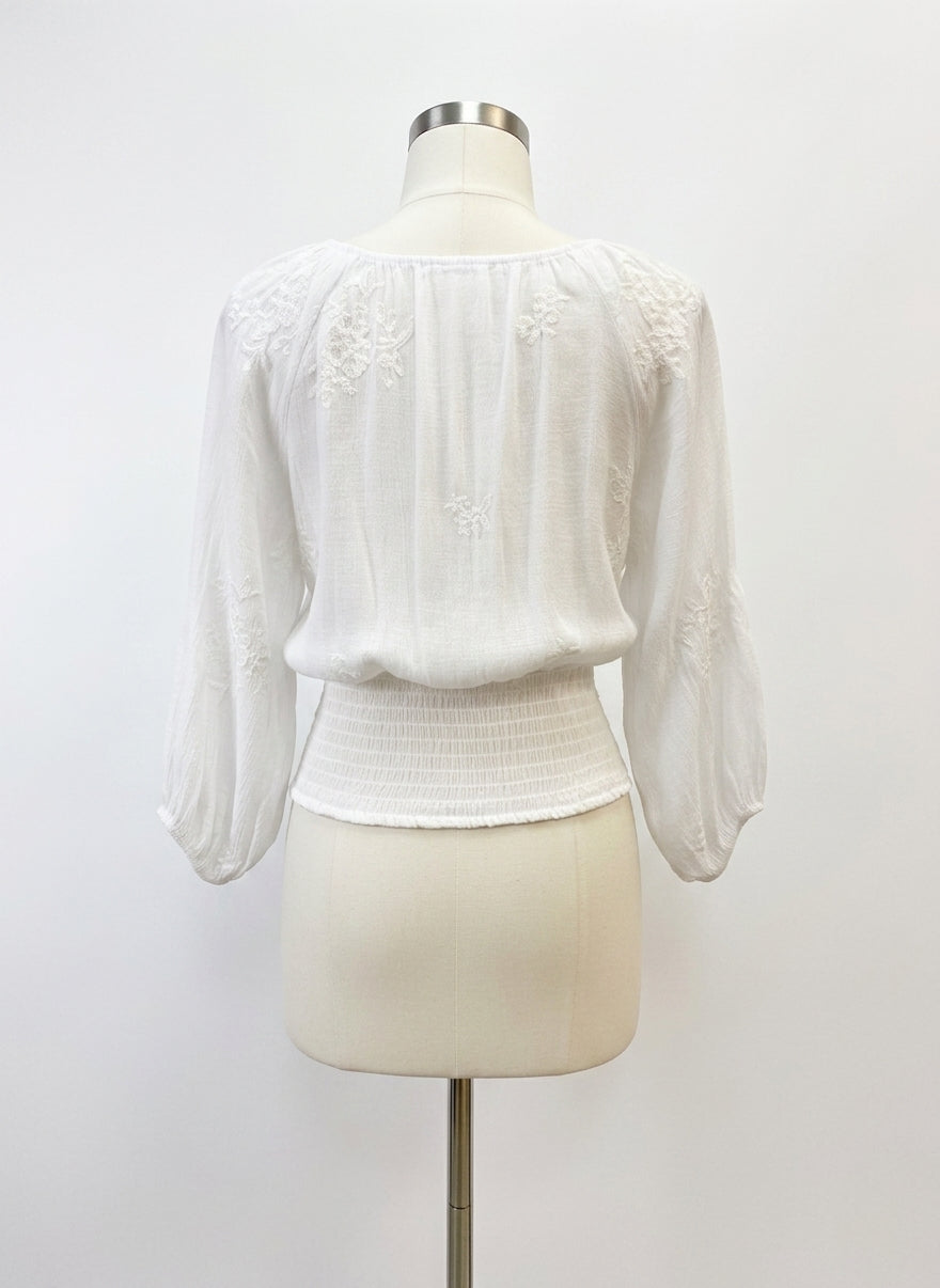 Parallel Skies · White Embroidered Smocked Top · Large · White