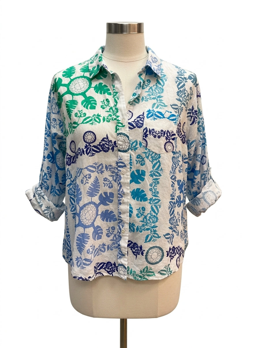 SigridOlsen · Shirt · Large · White, Blue, Green Floral