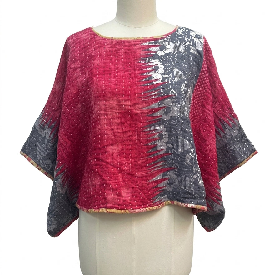Artisan Made · Kimonosleeve Kantha Top · OS · RedGray