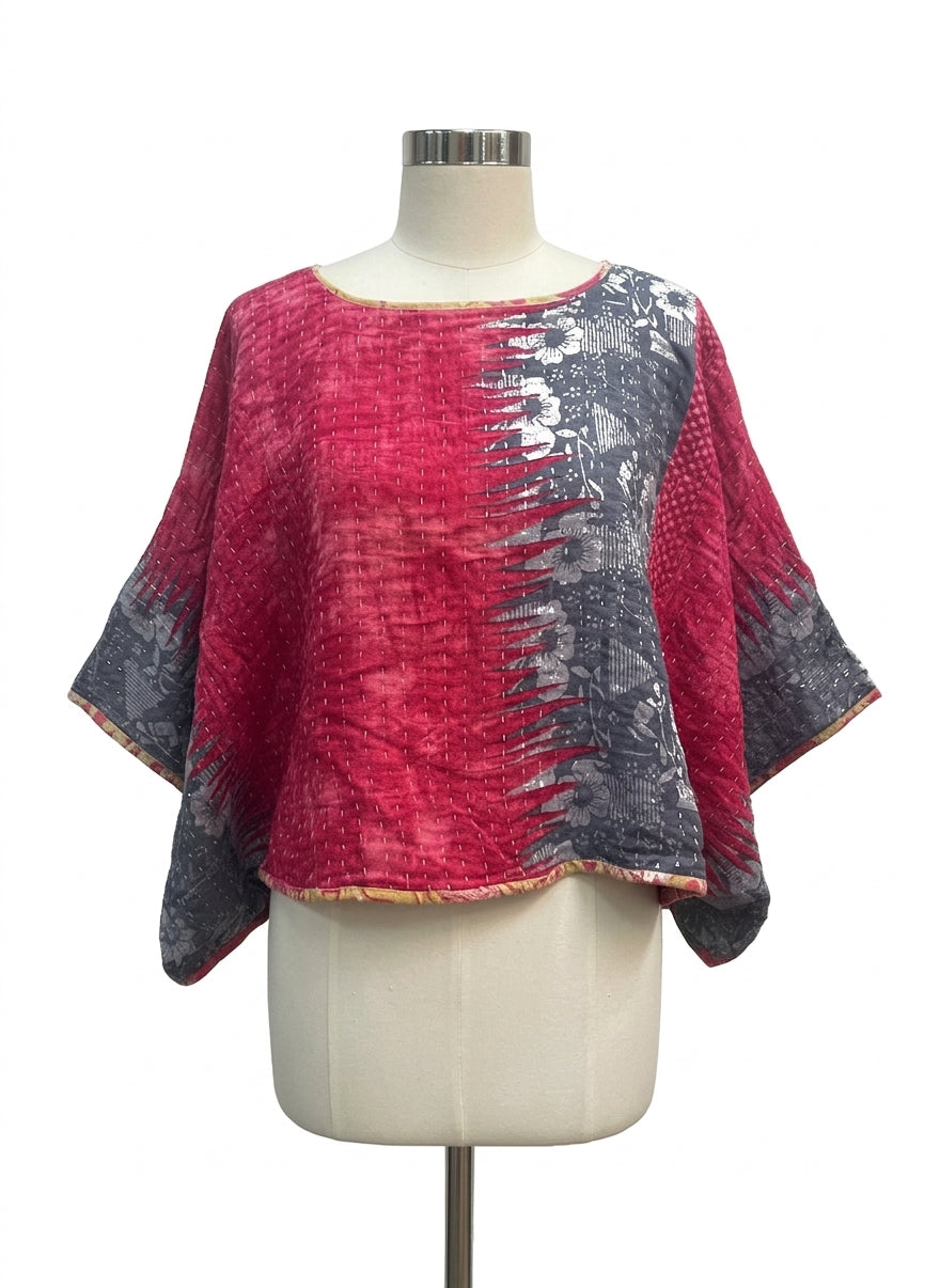Artisan Made · Kimonosleeve Kantha Top · OS · RedGray