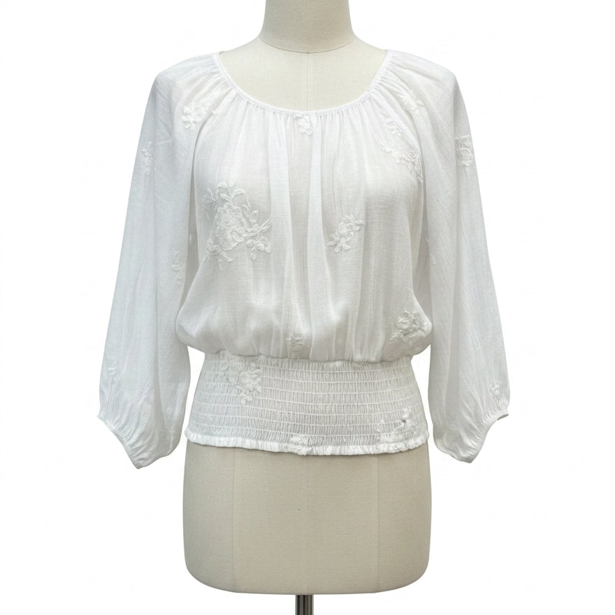 Parallel Skies · White Embroidered Smocked Top · Large · White