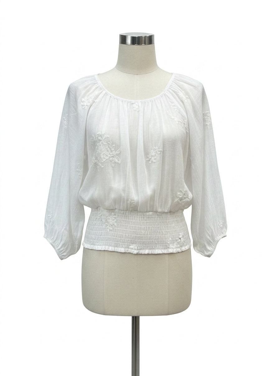 Parallel Skies · White Embroidered Smocked Top · Large · White