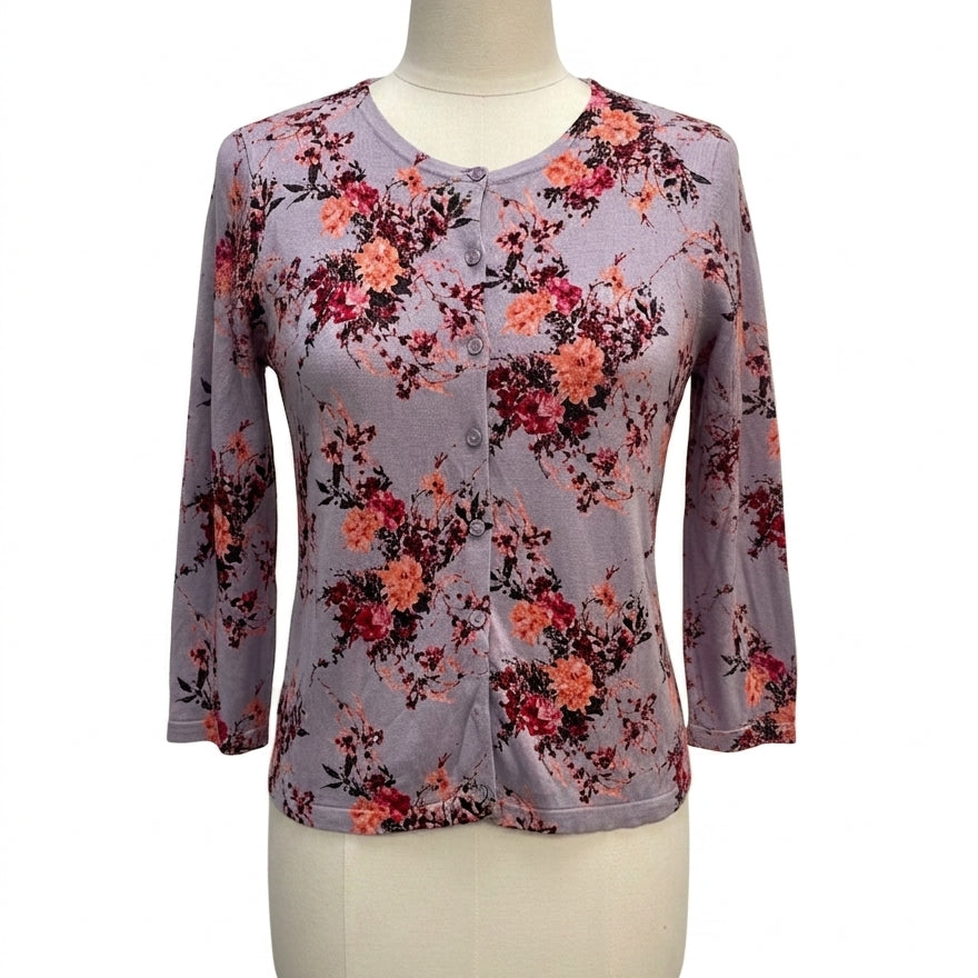 Garnet Hill · Button Up Cardigan · Large · Lavender Floral