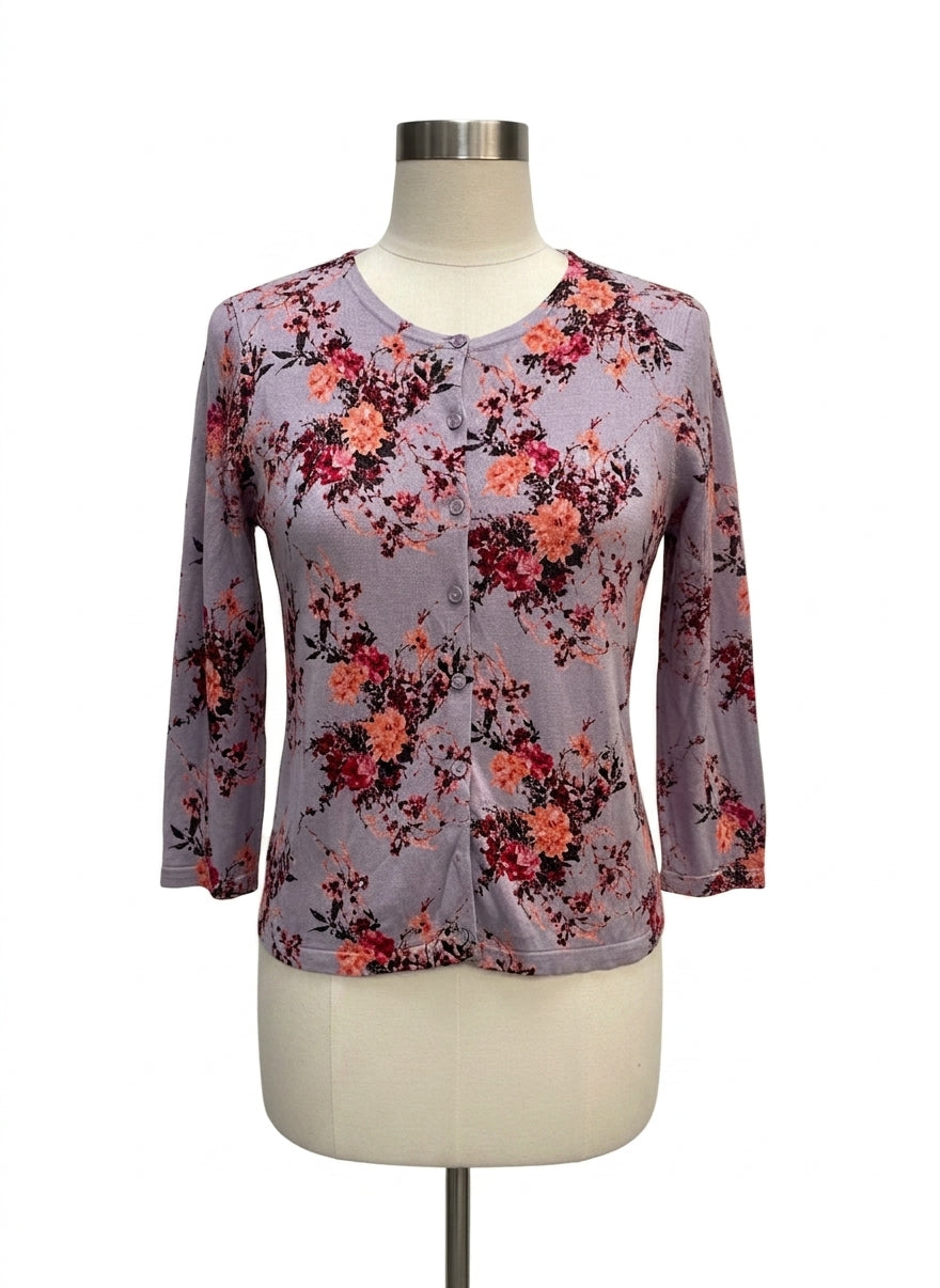 Garnet Hill · Button Up Cardigan · Large · Lavender Floral