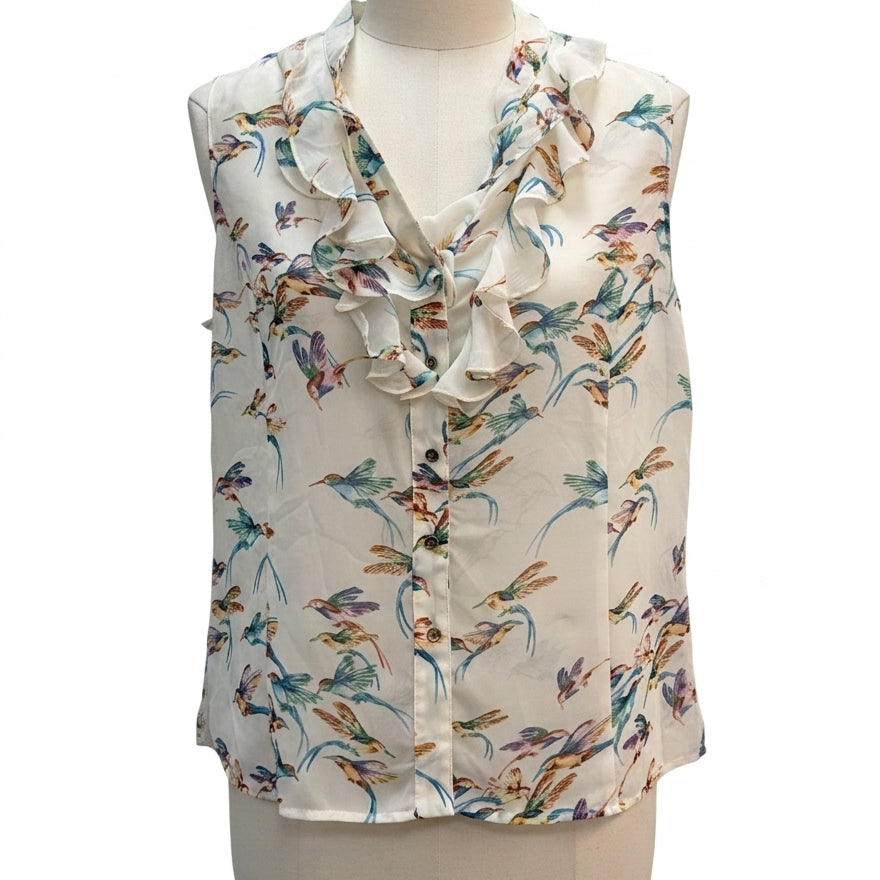 Tahari · Sleeveless Top, Bird Print · Medium · CreamMulti