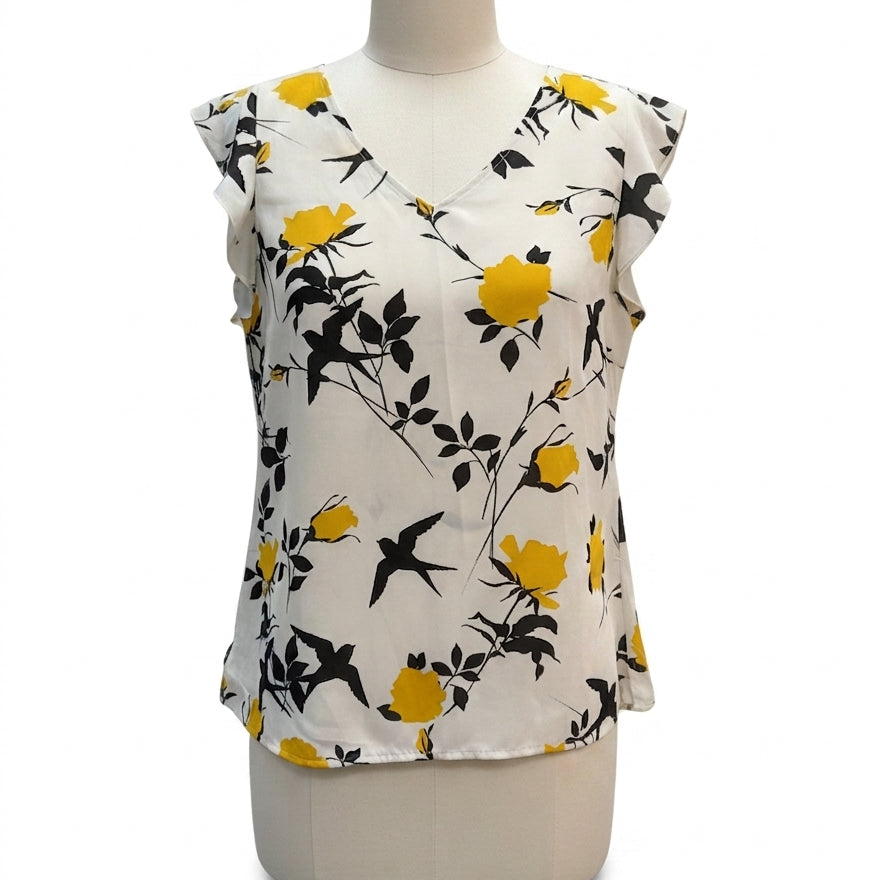 CAbi · Birdwatcher Blouse Flutter Sleeve Top · Medium · Yellow/Cream Floral