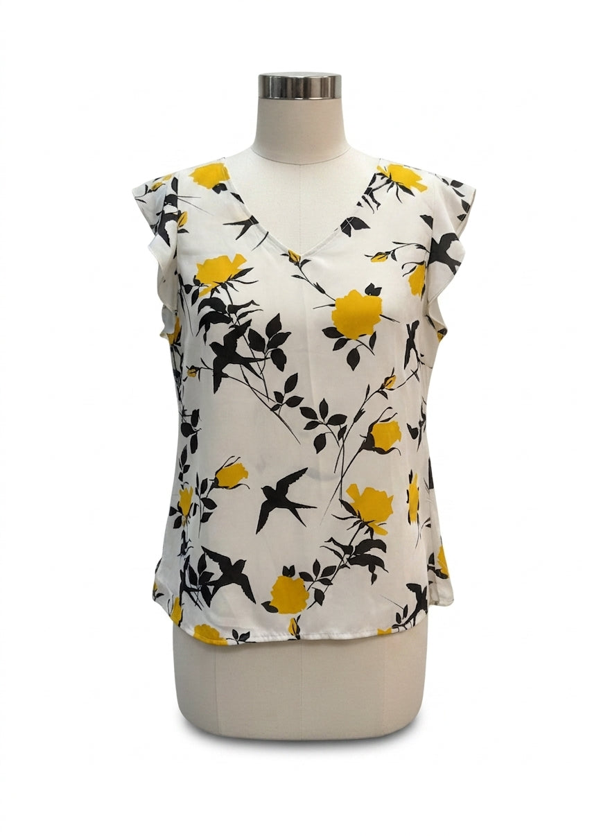 CAbi · Birdwatcher Blouse Flutter Sleeve Top · Medium · Yellow/Cream Floral