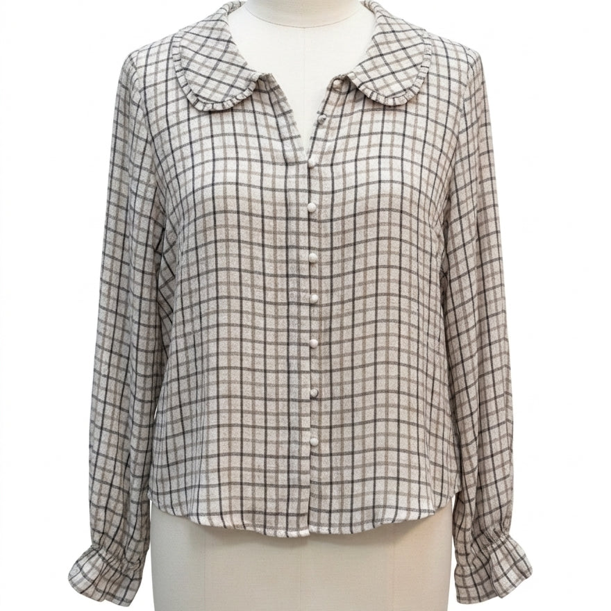 Jane&Delancey · Peter pan collar LongSleeve Shirt · Medium · Beige Brown Plaid