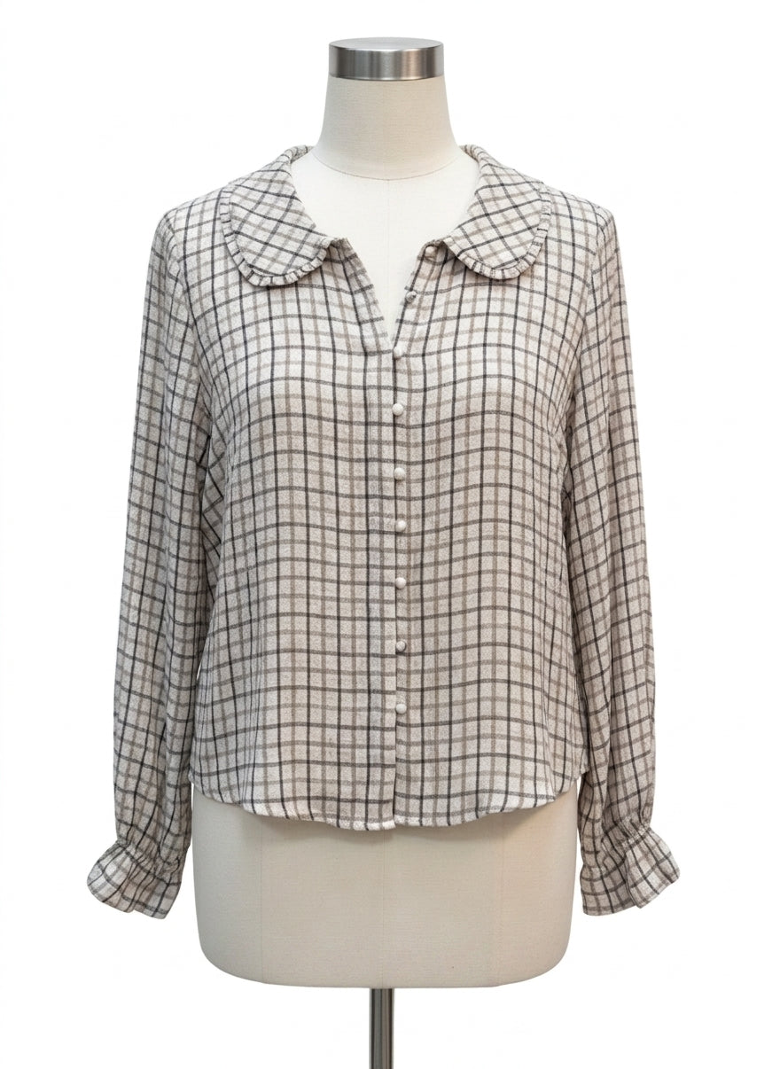 Jane&Delancey · Peter pan collar LongSleeve Shirt · Medium · Beige Brown Plaid