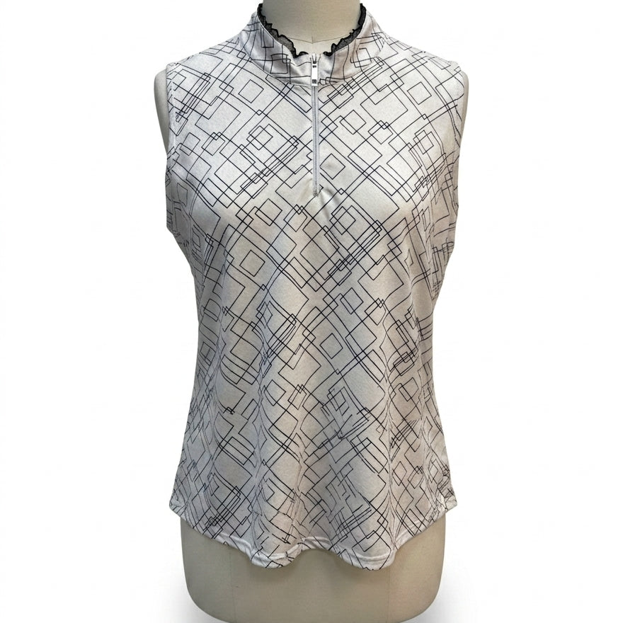 Bette&Court · Quarter Zip sleeveless golf top WhiteBlk Geo Print · 1X · White/Black Geometric Print