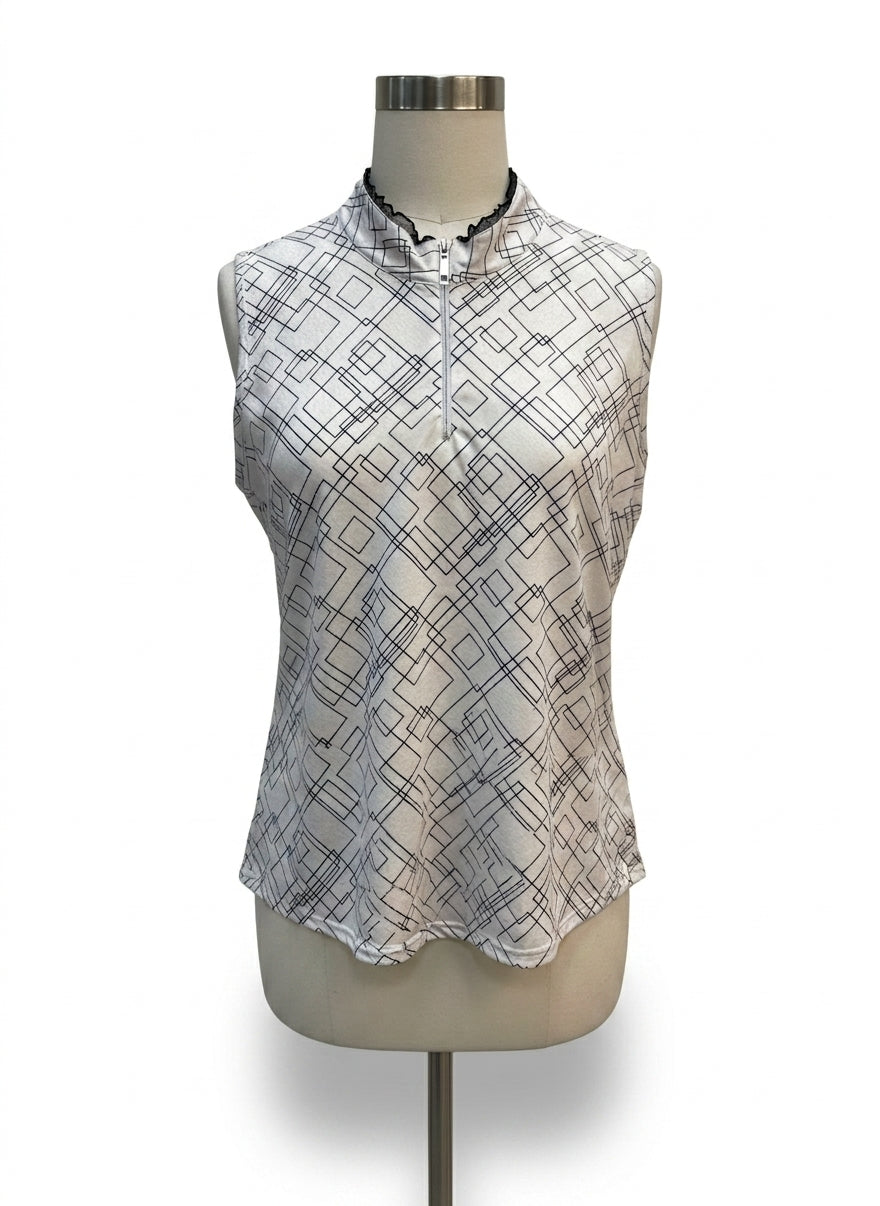 Bette&Court · Quarter Zip sleeveless golf top WhiteBlk Geo Print · 1X · White/Black Geometric Print