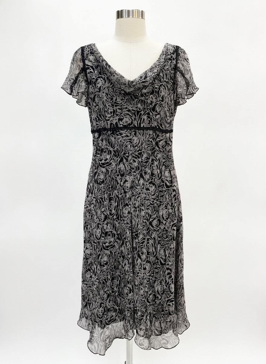 Nine West · Flutter Sleeve Silk Dress with Lace Details · 2 · Black/White
