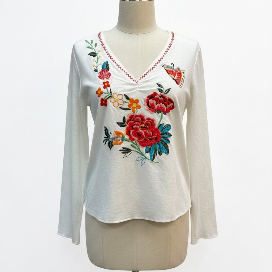 WhiteStag · Butterflies and Flowers LongSleeve Top · XLarge · White