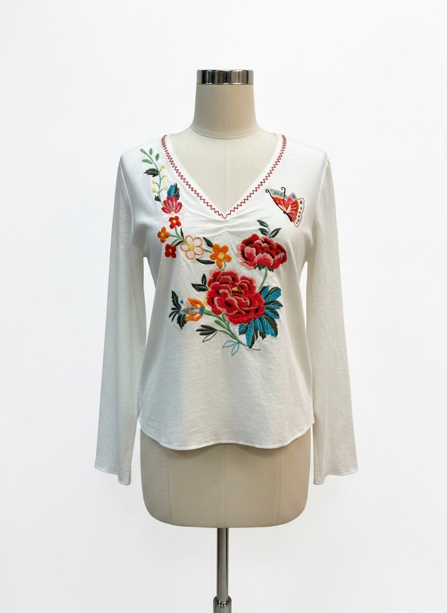 WhiteStag · Butterflies and Flowers LongSleeve Top · XLarge · White