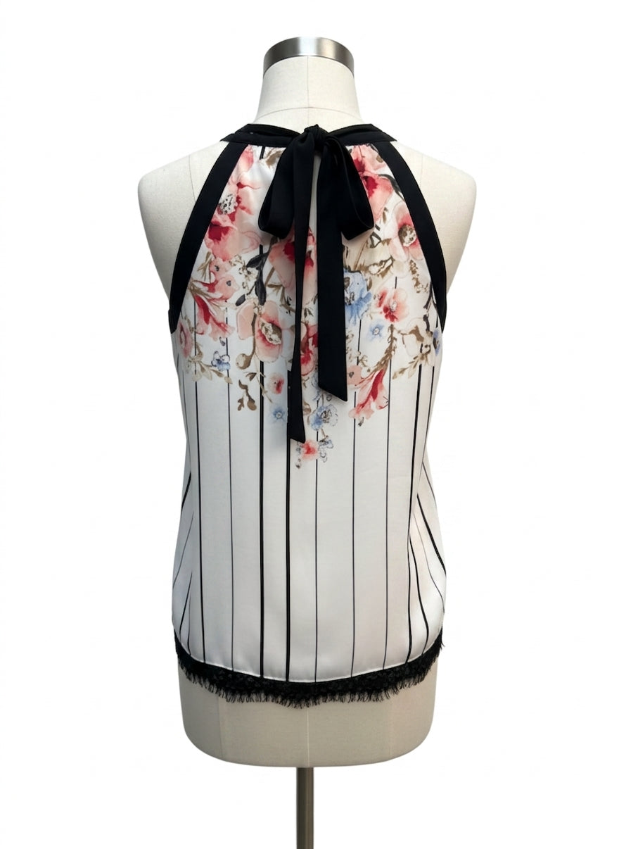 WHBM · BlackFloral Lace Overlay · Small · White with Black Floral Print and Lace