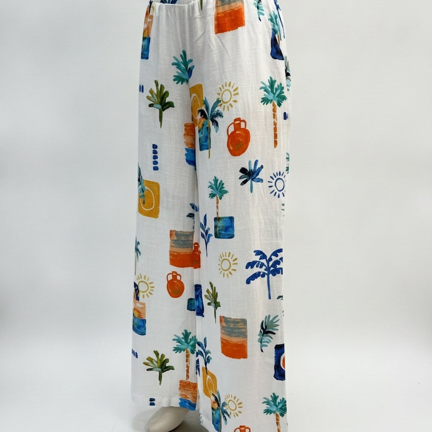 Label of Love · Palm tree pants, linen blend · Small · WhiteMulti