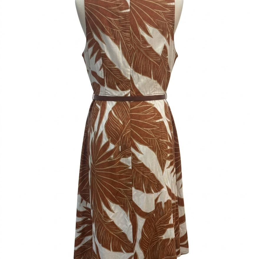 Calvin Klein · Sleeveless Belted Dress with Pockets · 10 · Brown/Cream