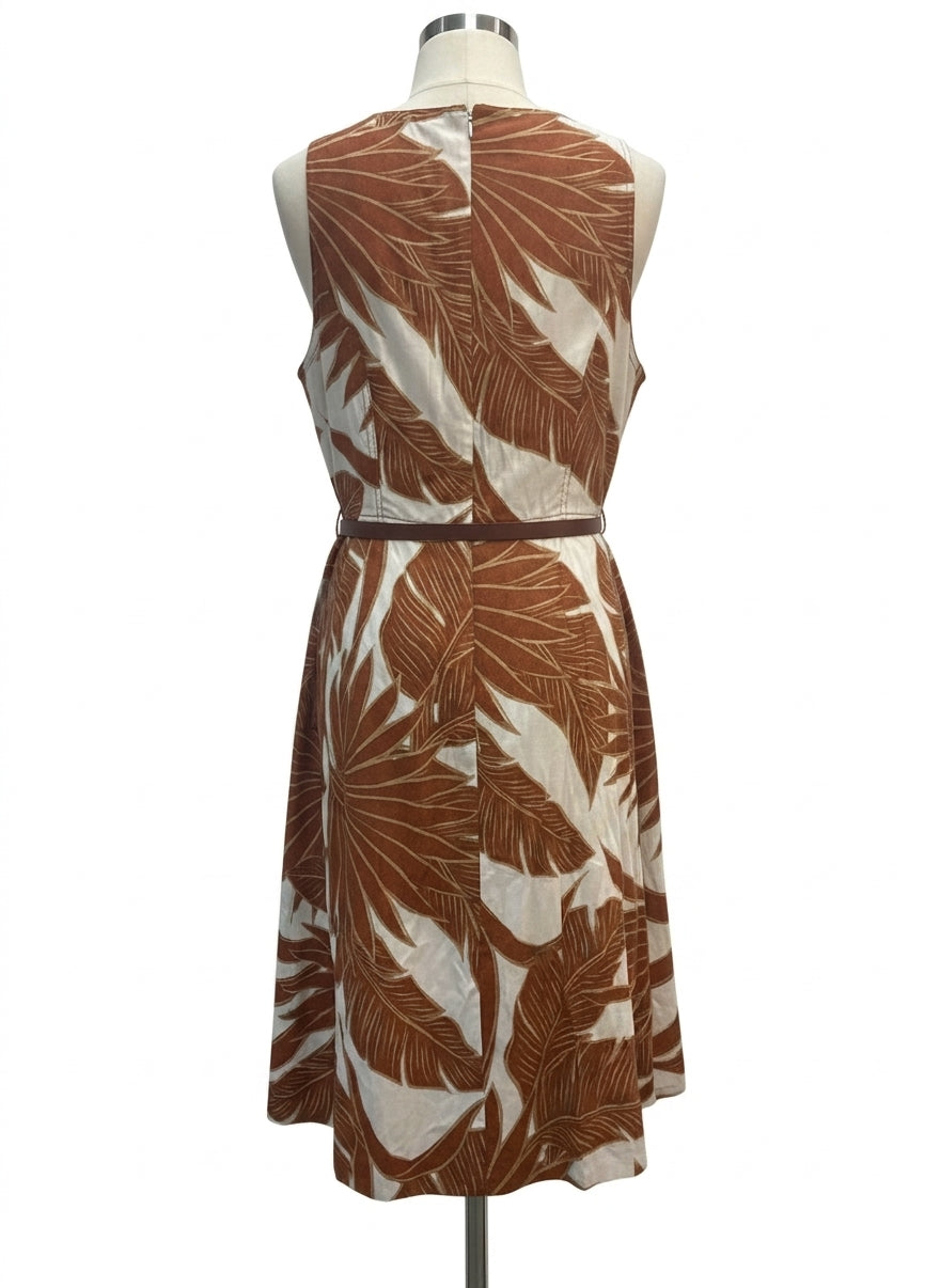 Calvin Klein · Sleeveless Belted Dress with Pockets · 10 · Brown/Cream