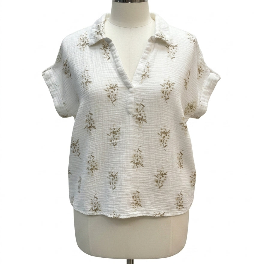 Style&Co · Floral print, rolled cuff ShortSleeve Top · 1X · WhiteBeige