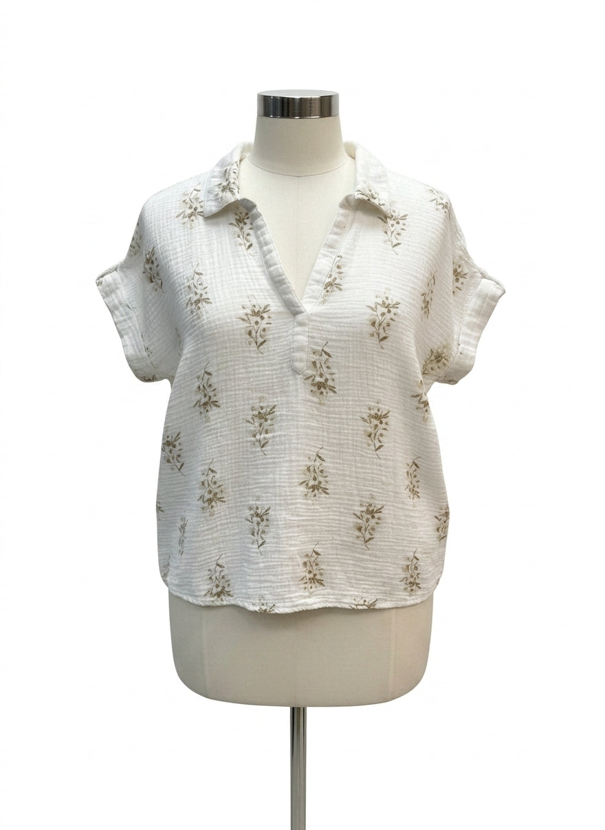 Style&Co · Floral print, rolled cuff ShortSleeve Top · 1X · WhiteBeige