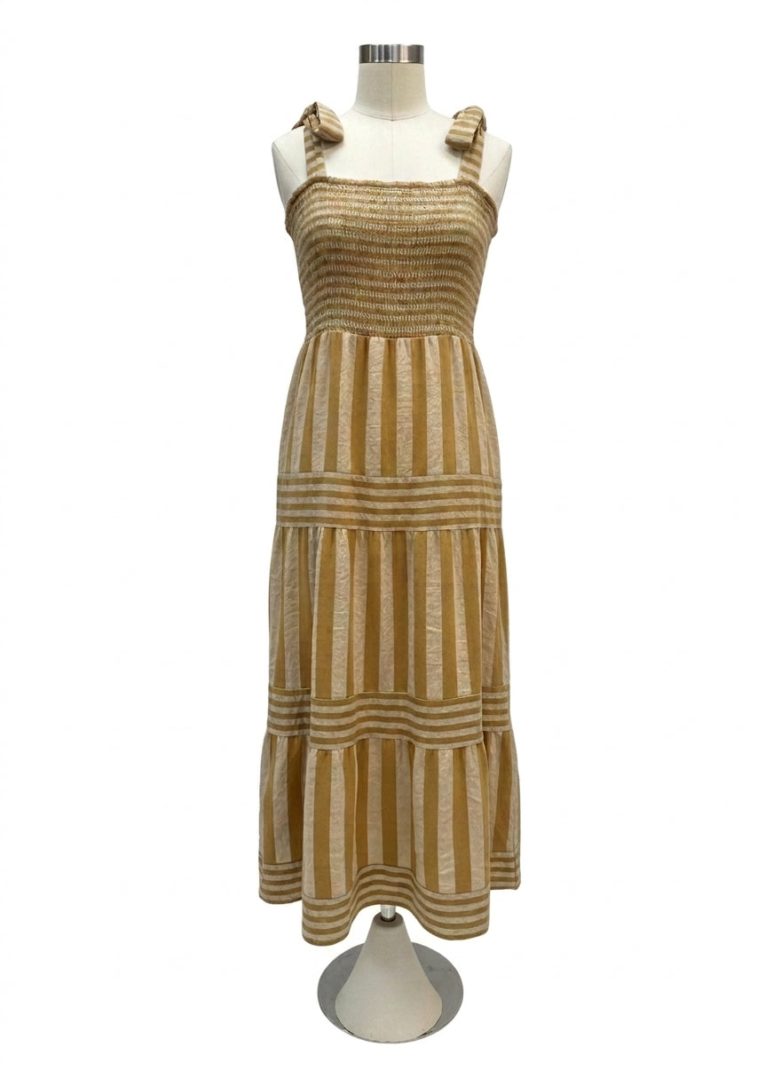 Anthropologie · Striped shoulder tie dress · 2X · DijonCream