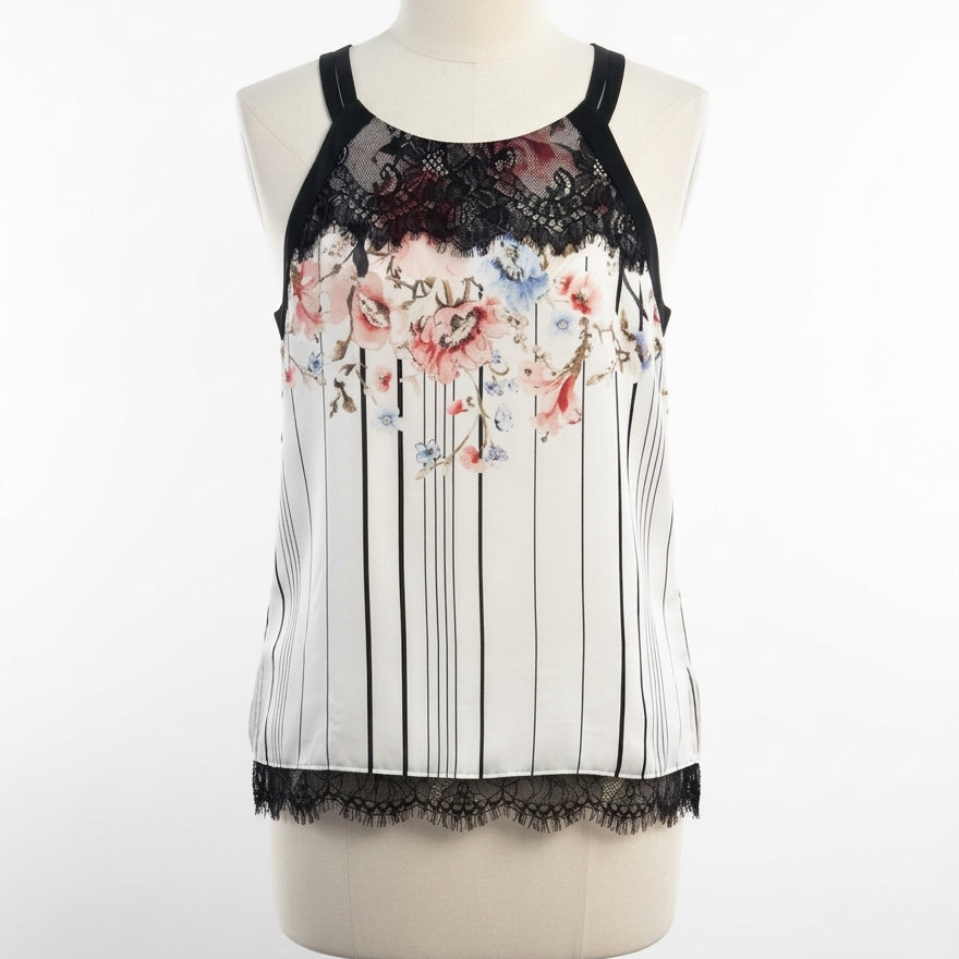WHBM · BlackFloral Lace Overlay · Small · White with Black Floral Print and Lace