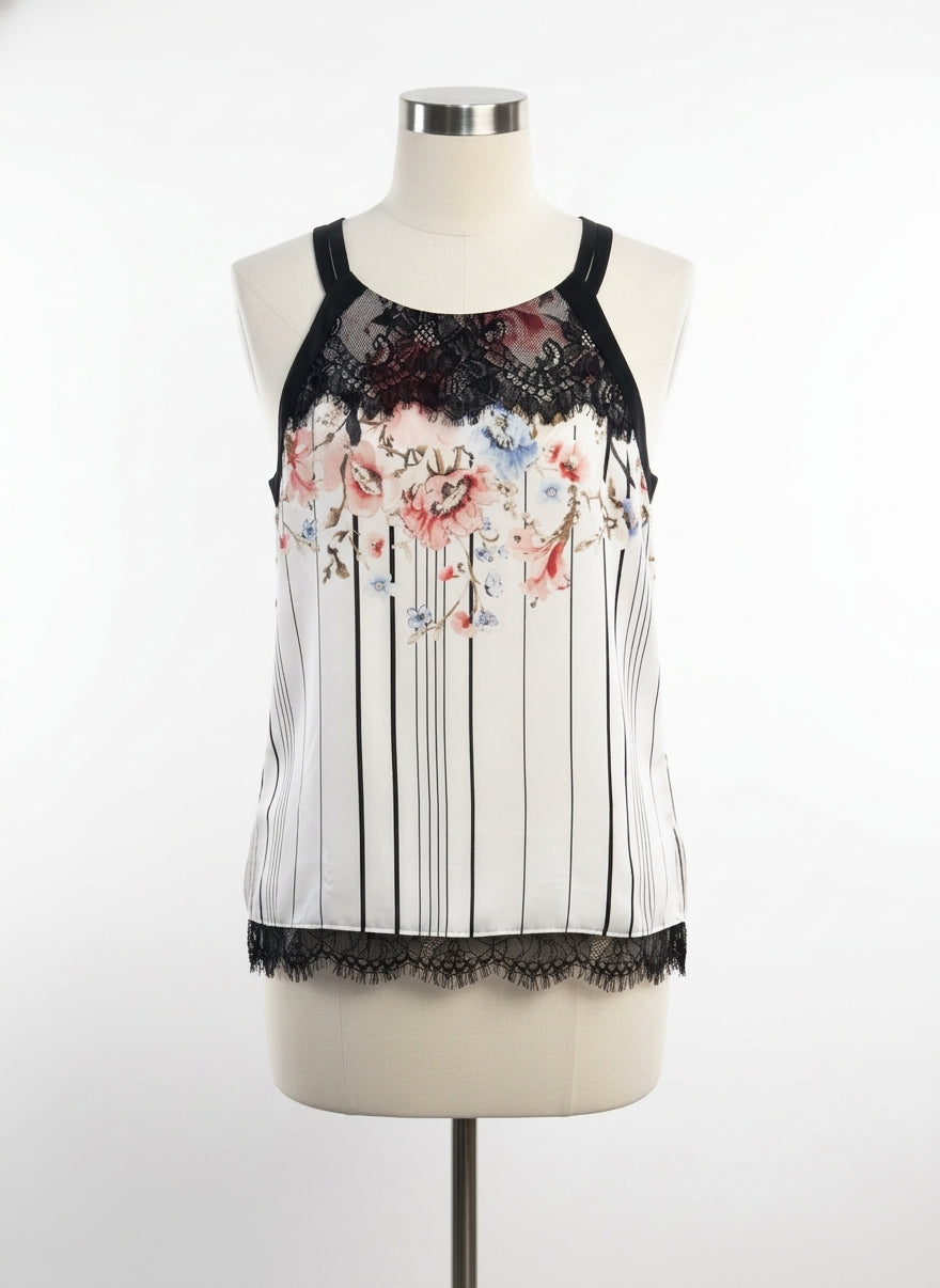 WHBM · BlackFloral Lace Overlay · Small · White with Black Floral Print and Lace