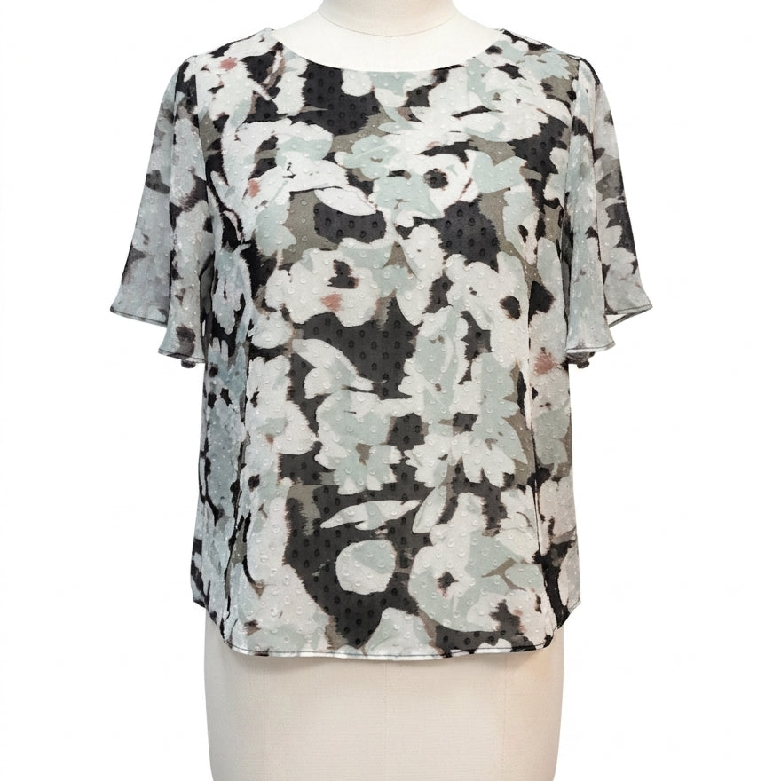 Kasper · Flutter Sleeve Top · Large · BlackGray Sheer Floral