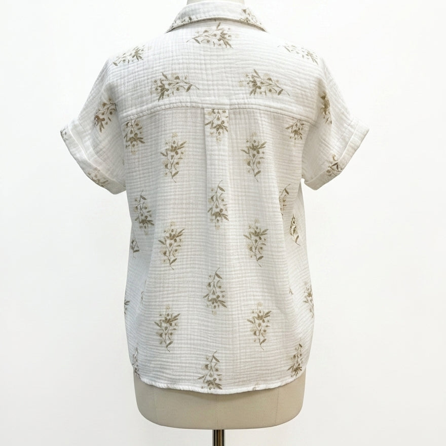 Style&Co · Floral print, rolled cuff ShortSleeve Top · 1X · WhiteBeige