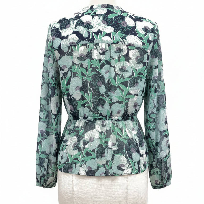 MaisonJules · Sheer Floral Top · Medium · GreenNavy