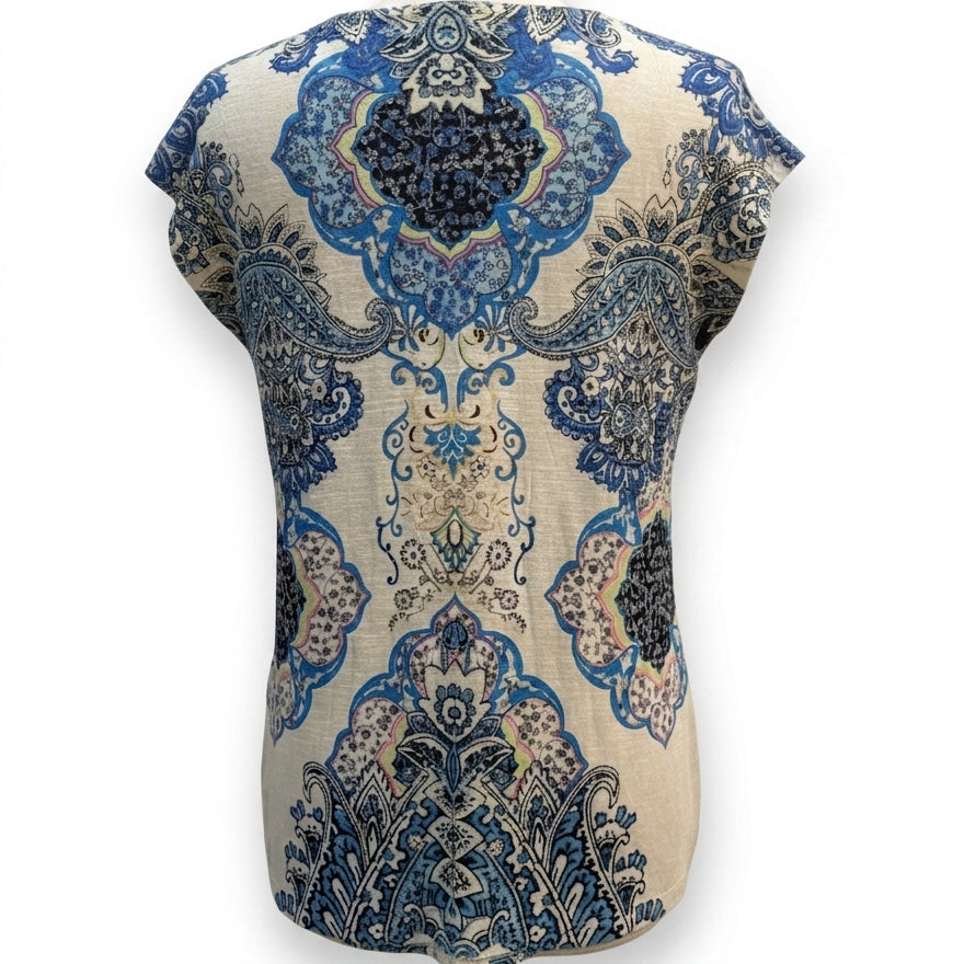 Unity World Wear · Paisley Print V-Neck Embellished Lace Top · Small · CreamBlue