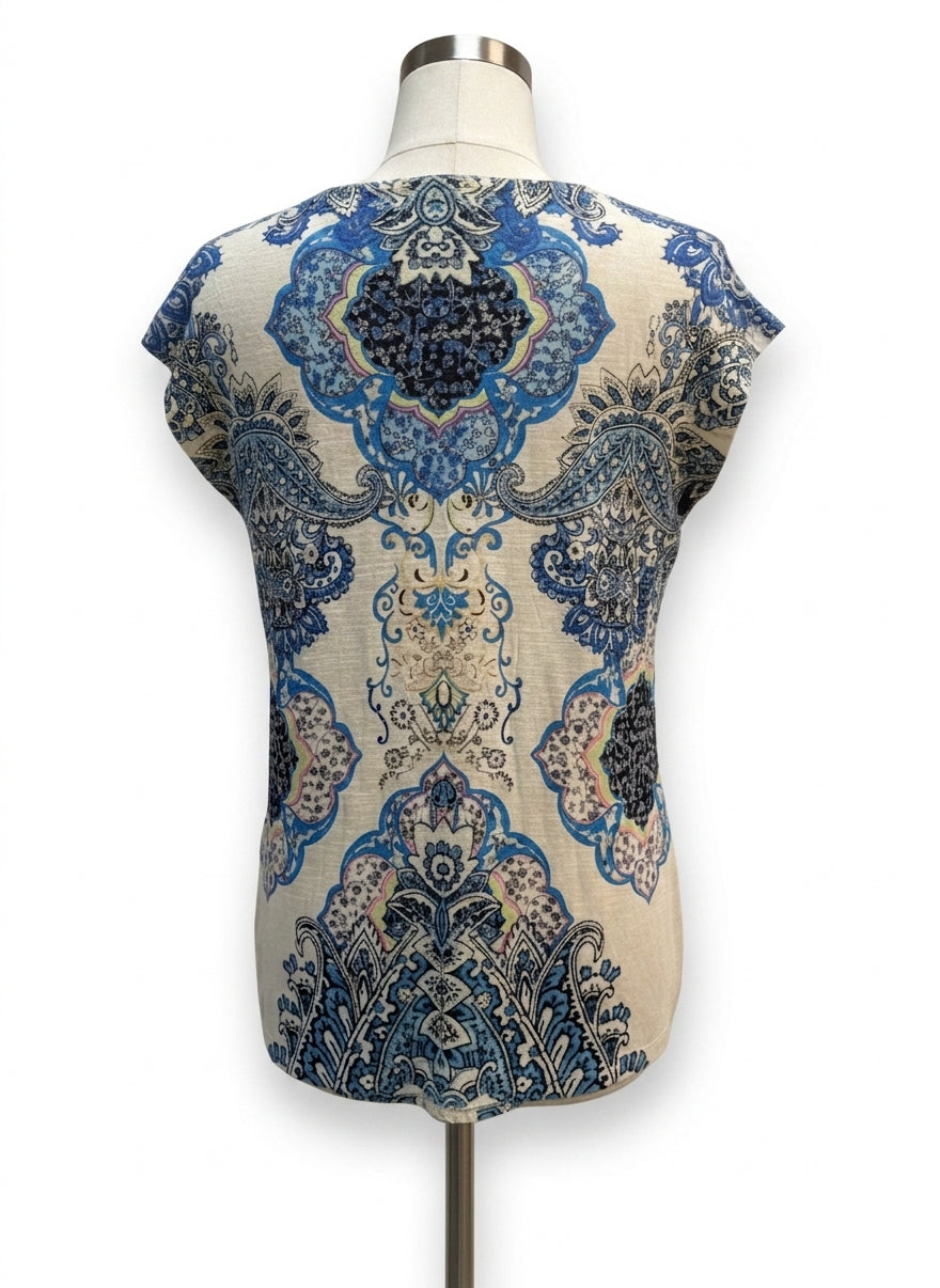 Unity World Wear · Paisley Print V-Neck Embellished Lace Top · Small · CreamBlue