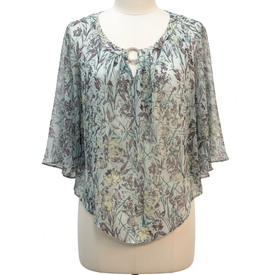 NY Collection · Flutter Sleeve Top · Large · Mint Floral