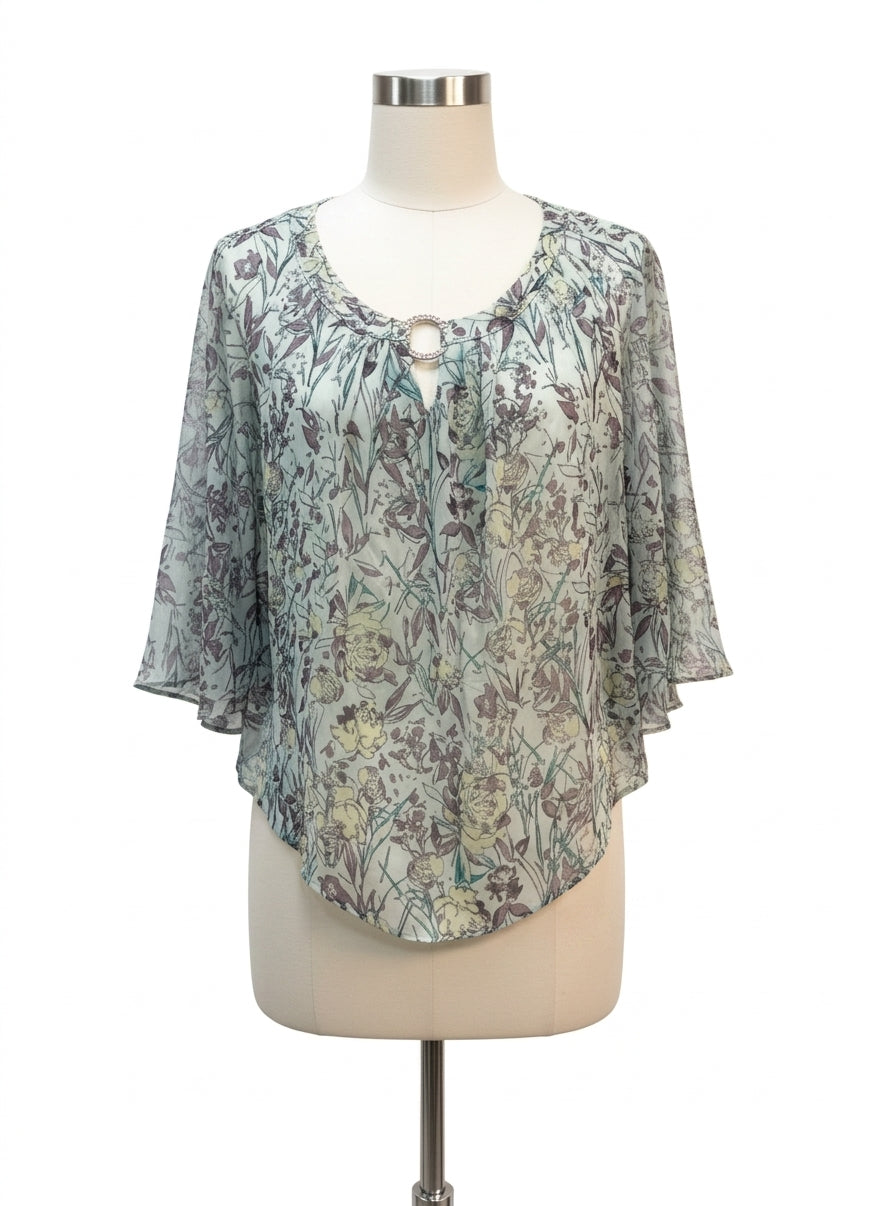 NY Collection · Flutter Sleeve Top · Large · Mint Floral