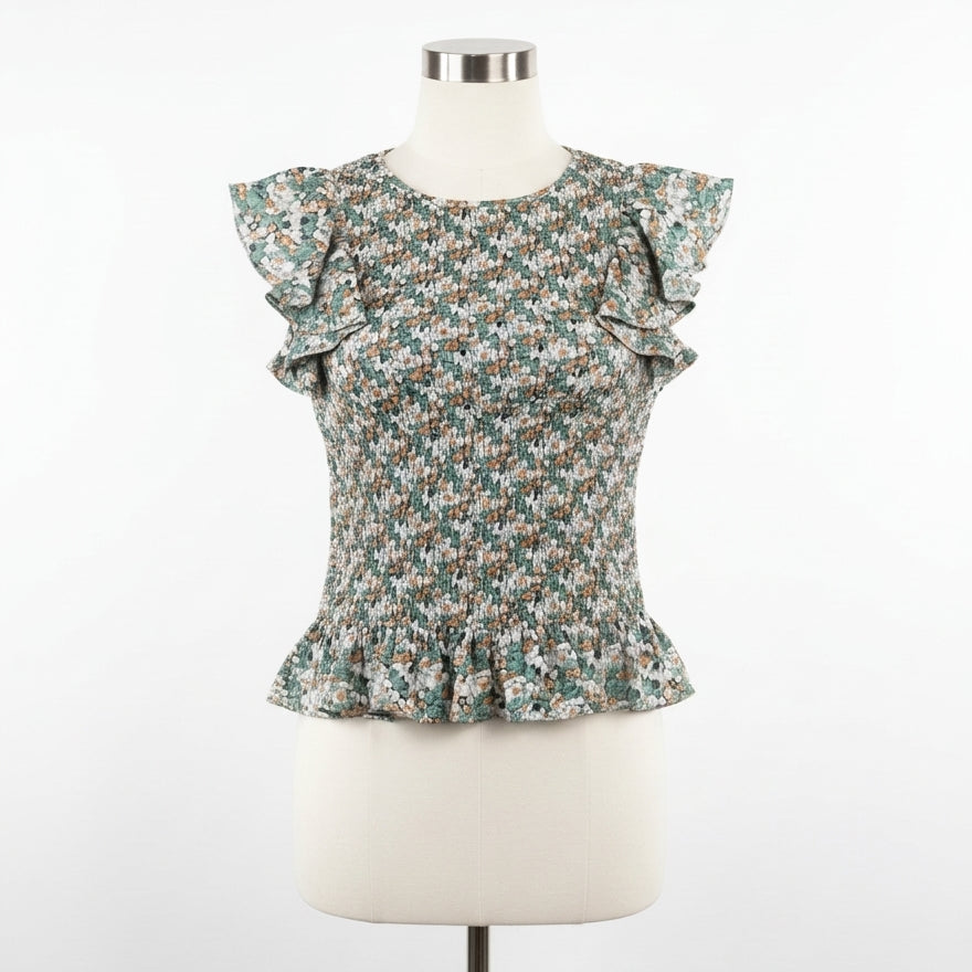 Blue Tassel · Flutter Sleeve Daisy Flower Design top · Small · Green Floral