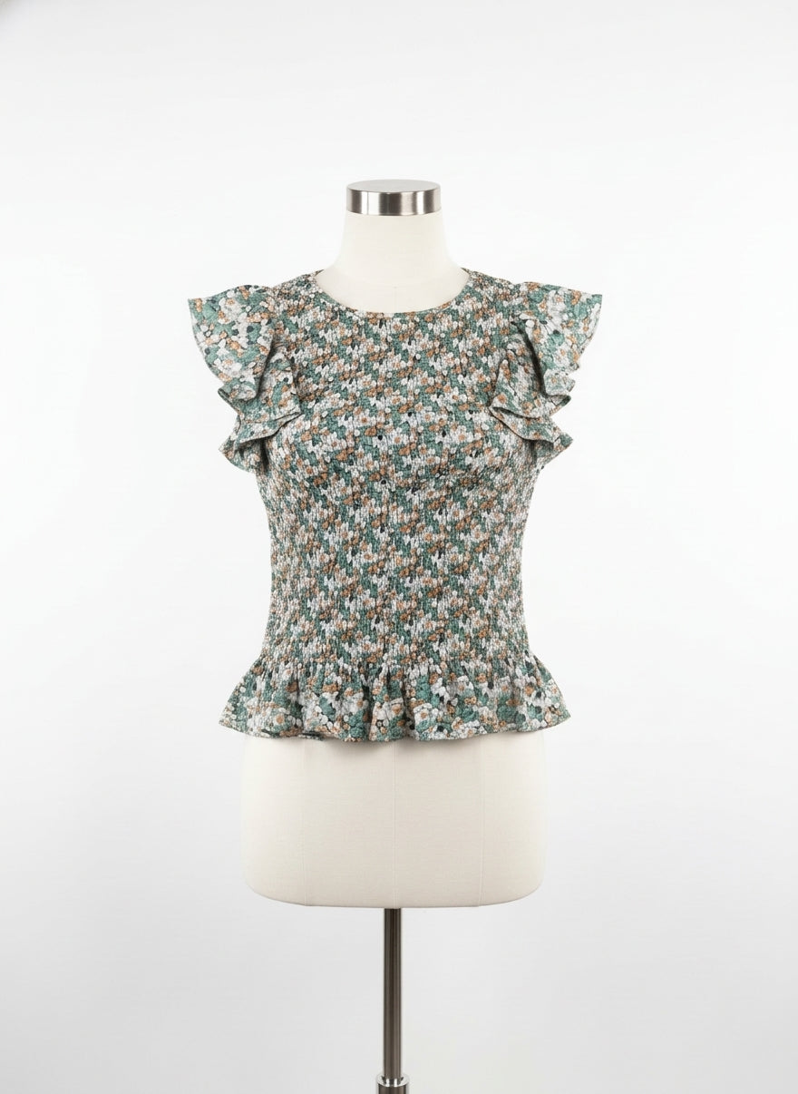 Blue Tassel · Flutter Sleeve Daisy Flower Design top · Small · Green Floral