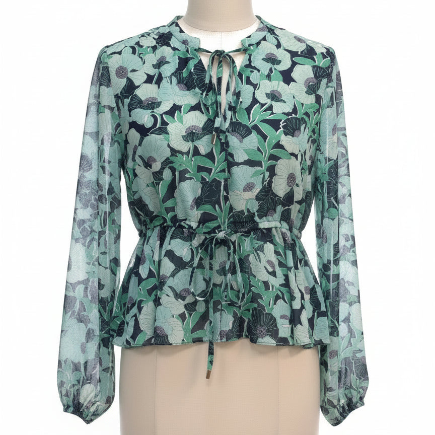 MaisonJules · Sheer Floral Top · Medium · GreenNavy