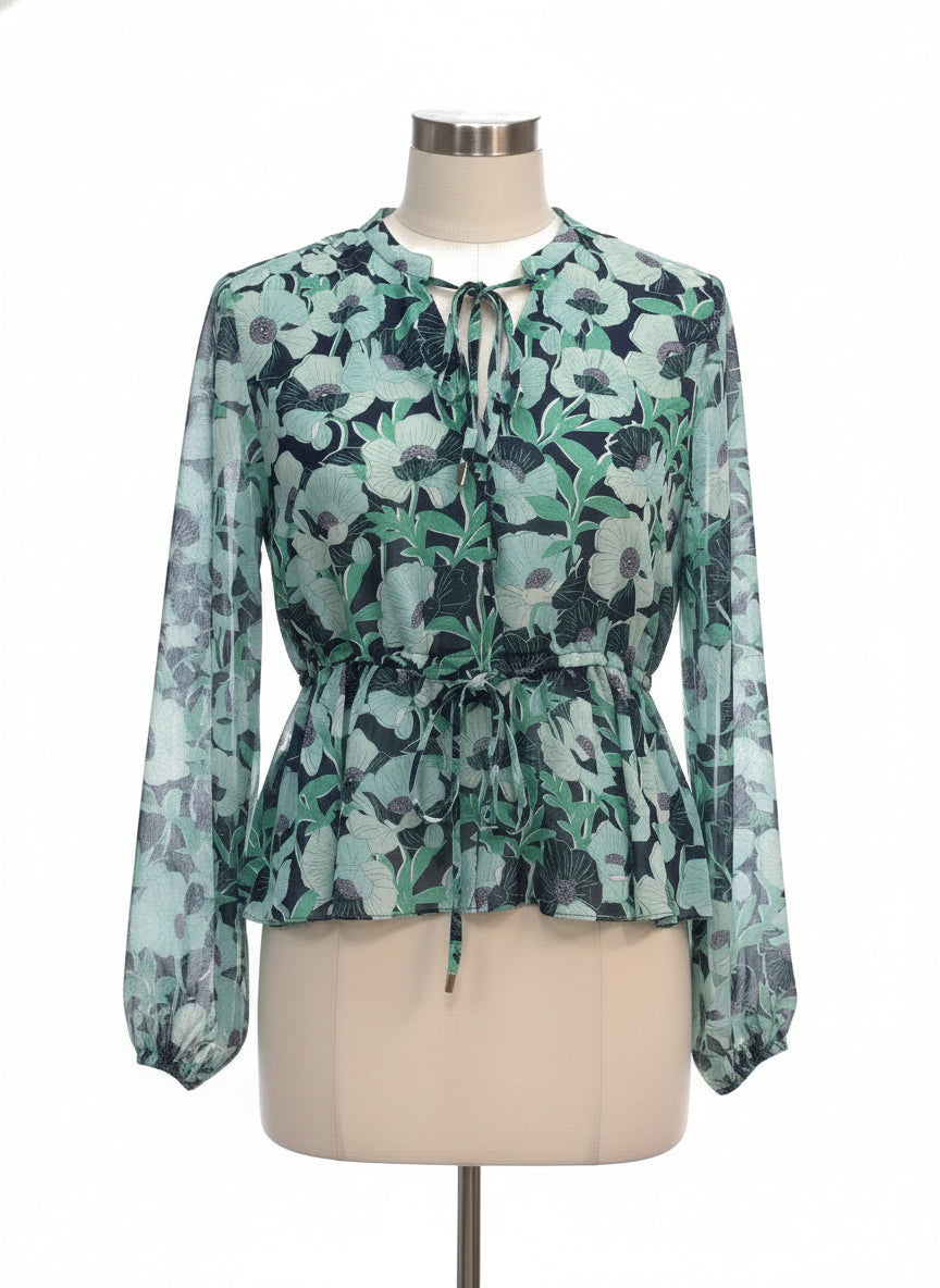 MaisonJules · Sheer Floral Top · Medium · GreenNavy
