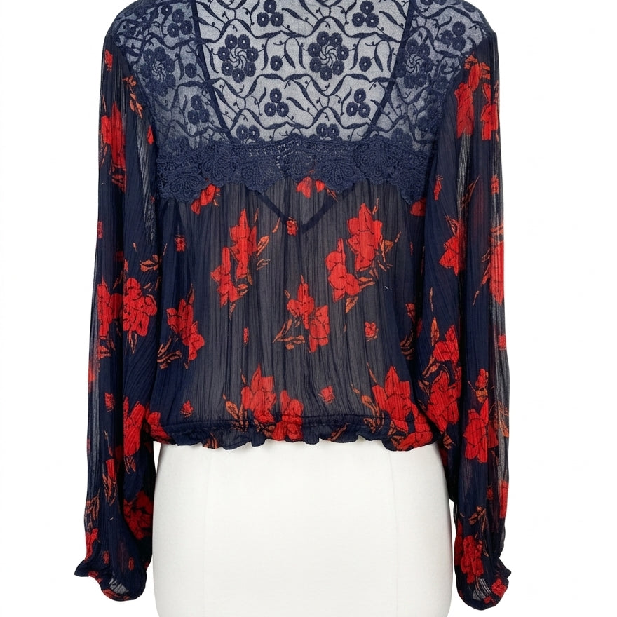 Free People · Sheer Floral Shirt with Front Tie Detail · Medium · Navy/Red