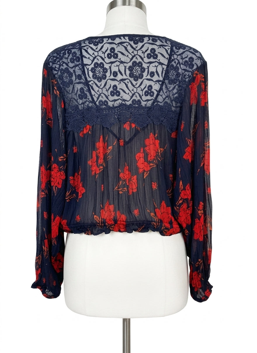 Free People · Sheer Floral Shirt with Front Tie Detail · Medium · Navy/Red