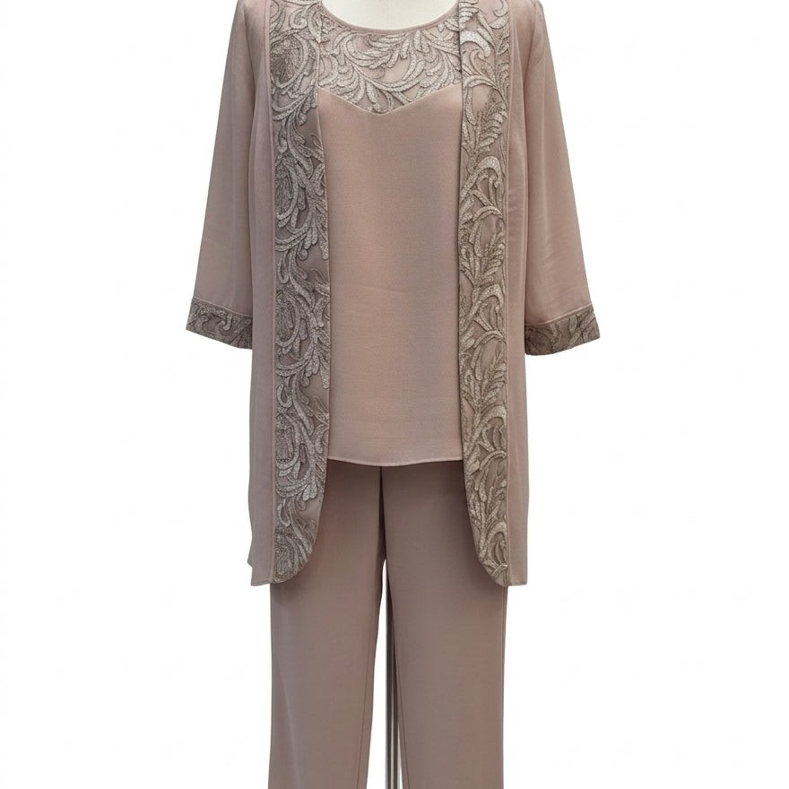 Maya Brooke · 3 PC Set Pants, Top & Evening Jacket with Embellishment · 12 · Beige